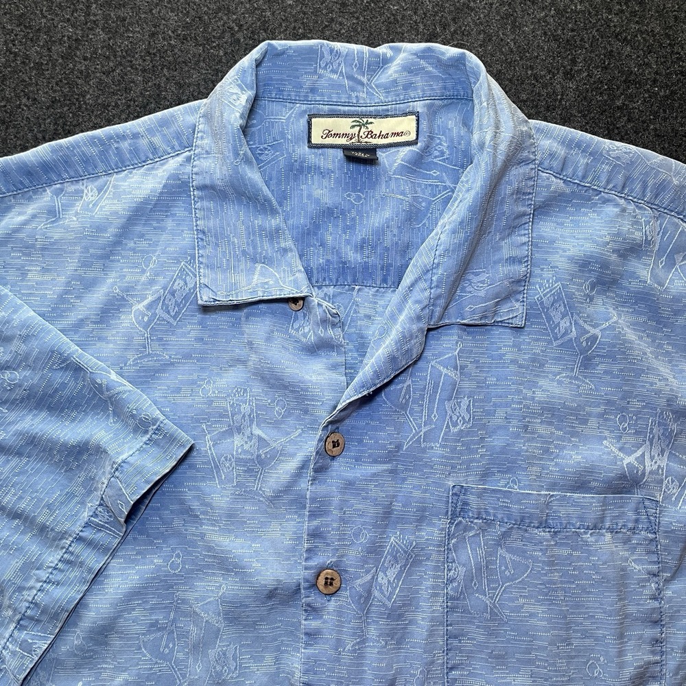 Tommy Bahama Shirt Mens Large Blue Short Sleeve Button Up 100% Silk Cocktails